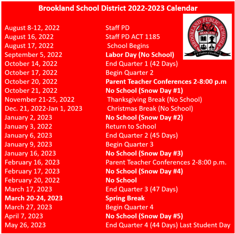 2022-2023 School Calendar. | Brookland Junior High